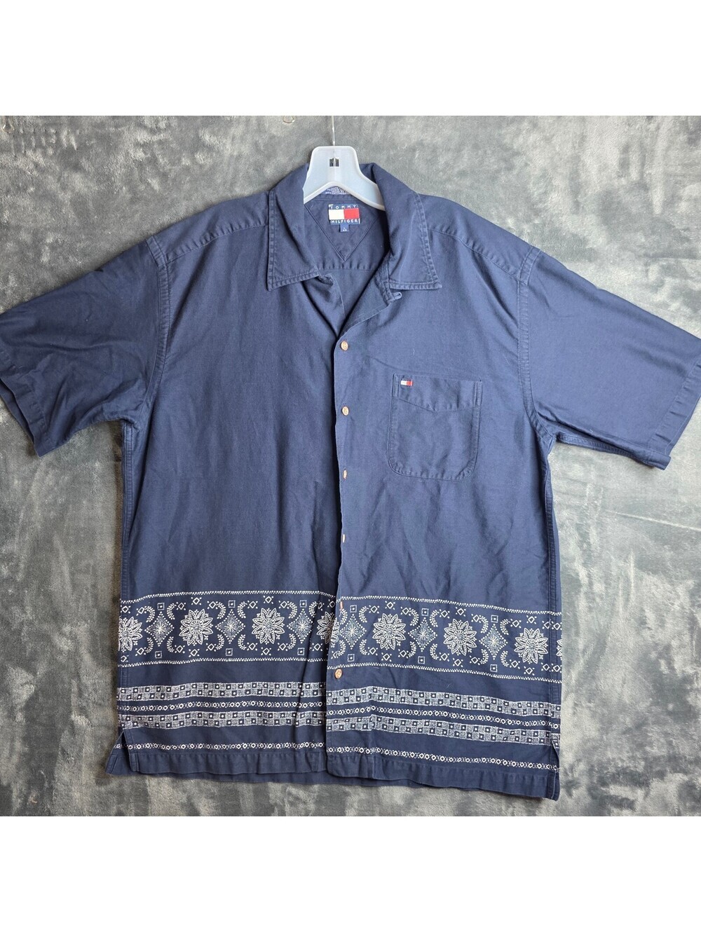 Vintage Tommy Hilfiger Shirt Mens L Navy Bandana Hem Cotton Button 2000s Y2K